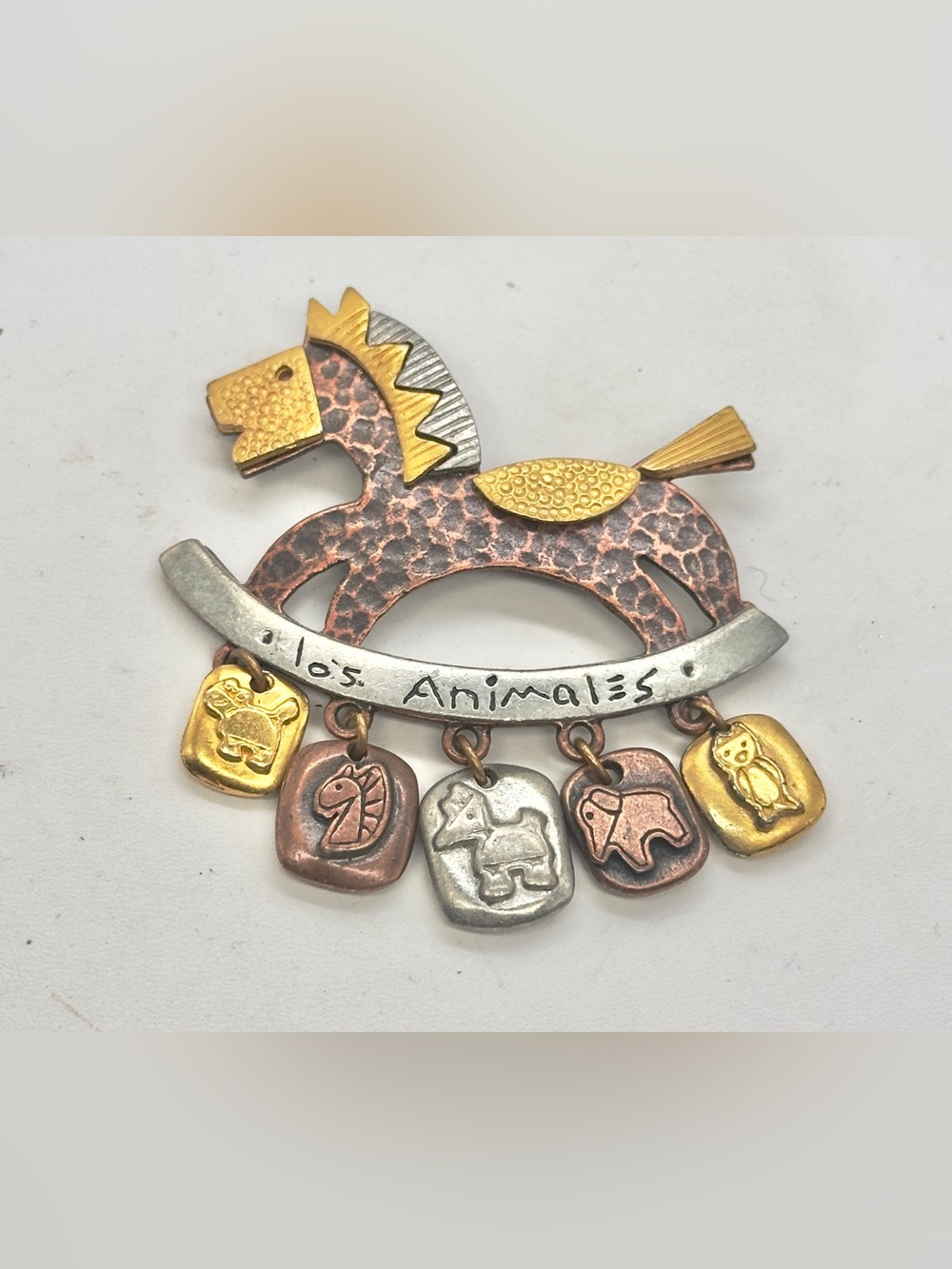 Vintage Liz Claiborne Los Animales Metal Rocking Horse Pin Copper Brass Silver